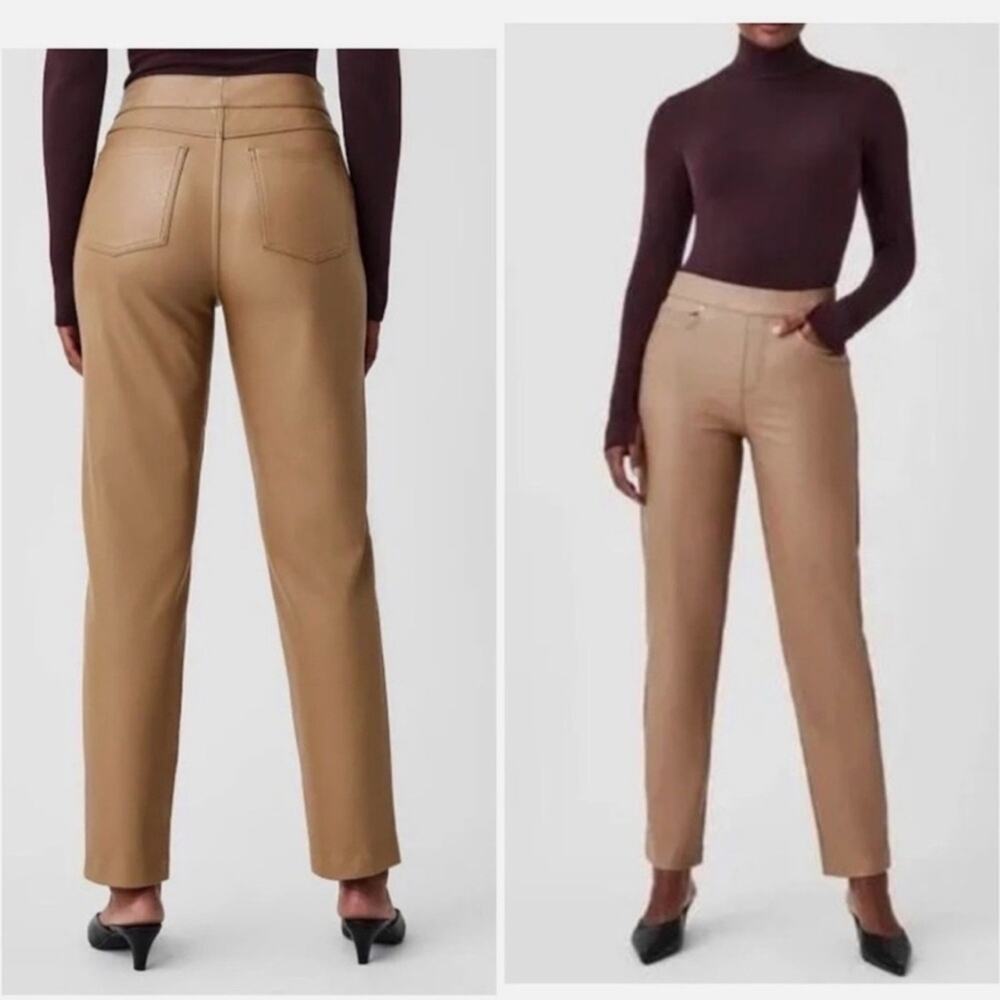 L SPANX Faux Leather Straight Leg Pant ToffeeQuiet Luxury Relaxed Fit Trouser